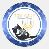 Grappige Kat Goud Menorah Dreidel Hebreeuws Chanoe Ronde Sticker (Voorkant)