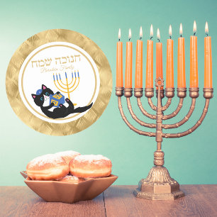 Grappige Kat Goud Menorah Joods Hebreeuws Chanoeka Ronde Sticker