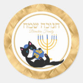 Grappige Kat Goud Menorah Joods Hebreeuws Chanoeka Ronde Sticker (Voorkant)
