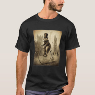 Grappige Kat Hoed Rijdt Penny Farthing Fiets Cu T-shirt