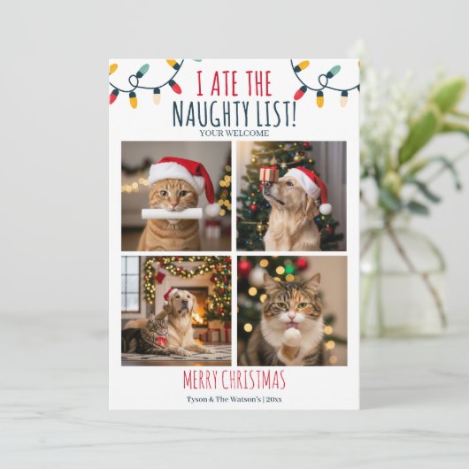 Grappige Kat Hond Ondeugende Lijst Aangepaste Kers Feestdagenkaart (Staand voorkant)
