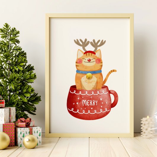 Grappige kat in beker rendiergewei rode neus Kerst Poster