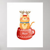 Grappige kat in beker rendiergewei rode neus Kerst Poster (Voorkant)