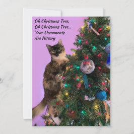 Grappige kat in boom die kerstballen bekijkt feestdagenkaart
