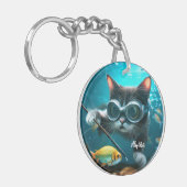 Grappige Kat in het Aquarium Sleutelhanger (Voorkant Links)