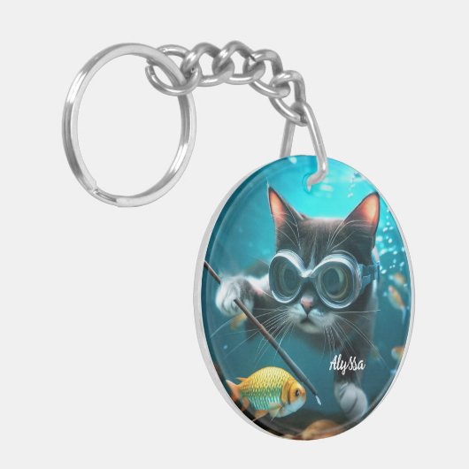 Grappige Kat in het Aquarium Sleutelhanger (Voorkant Links)