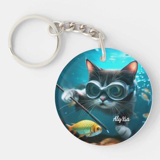 Grappige Kat in het Aquarium Sleutelhanger (Voorkant)