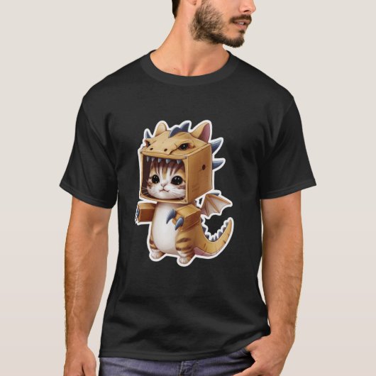 Grappige kat in kartonnen draak Grappige schattige T-shirt (Voorkant)