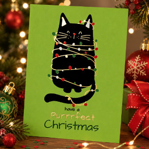 Grappige kat in kerstboomverlichting Purr-fecte Ke Folie Feestdagenkaart
