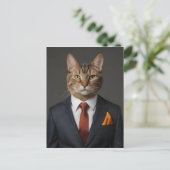 Grappige kat in pak briefkaart (Staand voorkant)