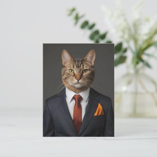 Grappige kat in pak briefkaart (Staand voorkant)