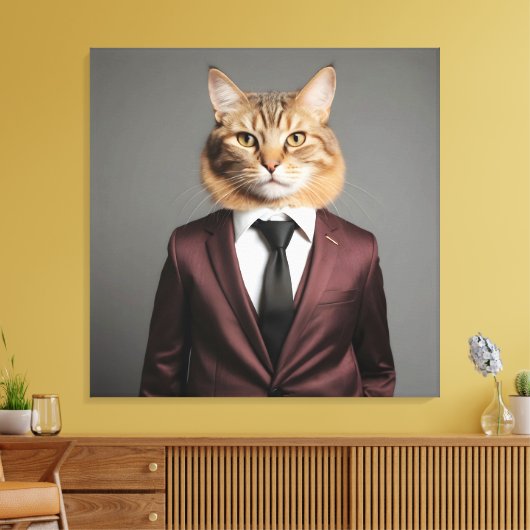 Grappige kat in pak canvas afdruk (Insitu (Woonkamer))