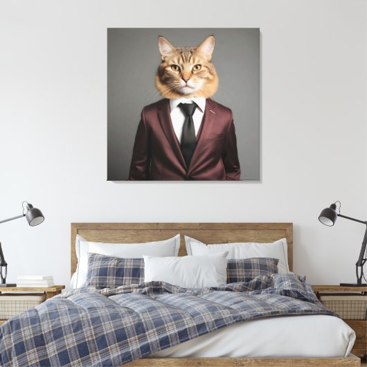 Grappige kat in pak canvas afdruk (Insitu (Slaapkamer))