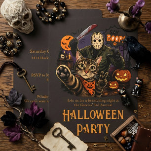 Grappige Kat & Jason Voorhees Zeg Boop! Halloween Kaart