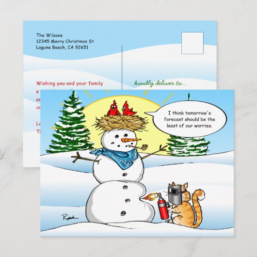 Grappige kat kerst Briefkaarten | Tabby Snowman (Voorkant / Achterkant)