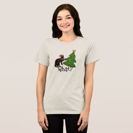 Grappige Kat Kerstboom Feestdagen Vrouwen Tri-Blend Shirt (Voorkant volledig)
