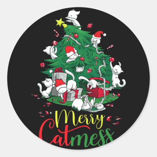 Grappige Kat Kerstboom Merry Catmes Katten Liefheb Ronde Sticker (Voorkant)