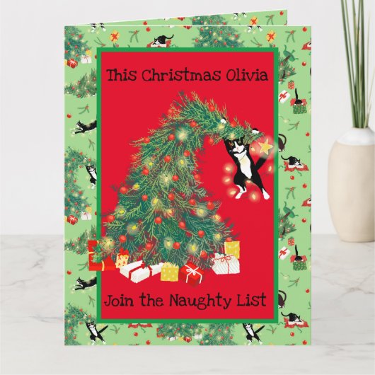 Grappige kat kerstboom problemen vakantie kaart (Voorkant)