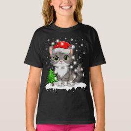 Grappige kat Kerstman Hoed Vrolijke kerstboom Lich T-shirt