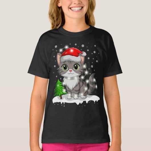 Grappige kat Kerstman Hoed Vrolijke kerstboom Lich T-shirt (Voorkant)