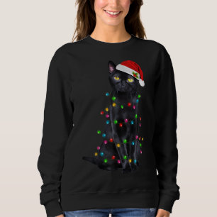 Grappige Kat Kerstmis Lichten Santa Hoed Zwart Kat Trui