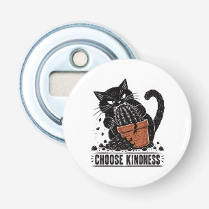 Grappige kat kies vriendelijkheid Linocut Meme Button Flesopener