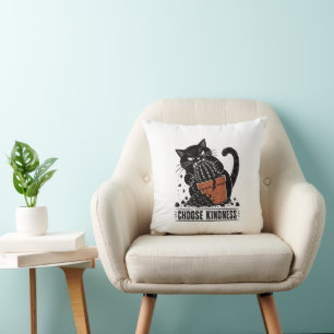 Grappige kat kies vriendelijkheid Linocut Meme Kussen