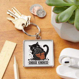 Grappige kat kies vriendelijkheid Linocut Meme Sleutelhanger