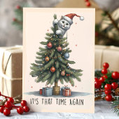 Grappige kat klimt kerstboom feestdagen kaart