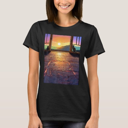 Grappige Kat lange raam met vloer T-shirt (Voorkant)