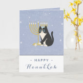 Grappige Kat Menora & Driehoekig Hanukkah Blauw Kaart (Gele Bloem)