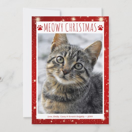 Grappige kat MEOWY KERSTMIS Foto Rode Pawprints Feestdagenkaart (Voorkant)