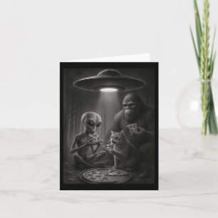 Grappige kat met alien en bigfoot die pizza-ufo ee kaart
