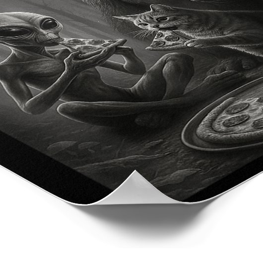 Grappige kat met alien en bigfoot die pizza-ufo ee poster (Hoek)