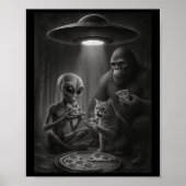 Grappige kat met alien en bigfoot die pizza-ufo ee poster (Voorkant)