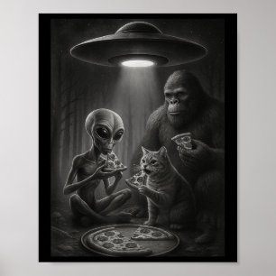 Grappige kat met alien en bigfoot die pizza-ufo ee poster