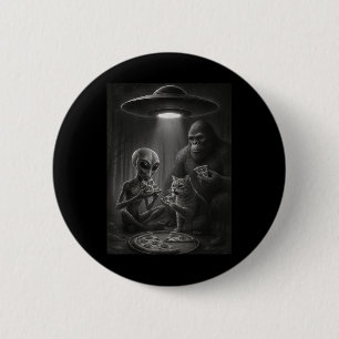 Grappige kat met alien en bigfoot die pizza-ufo ee ronde button 5,7 cm