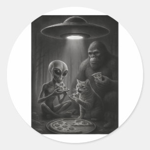 Grappige kat met alien en bigfoot die pizza-ufo ee ronde sticker