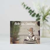 Grappige kat met cowboyhoed rijdend op stofzuiger briefkaart (Staand voorkant)