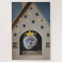 Grappige kat met gouden glitters blinkende kroon legpuzzel