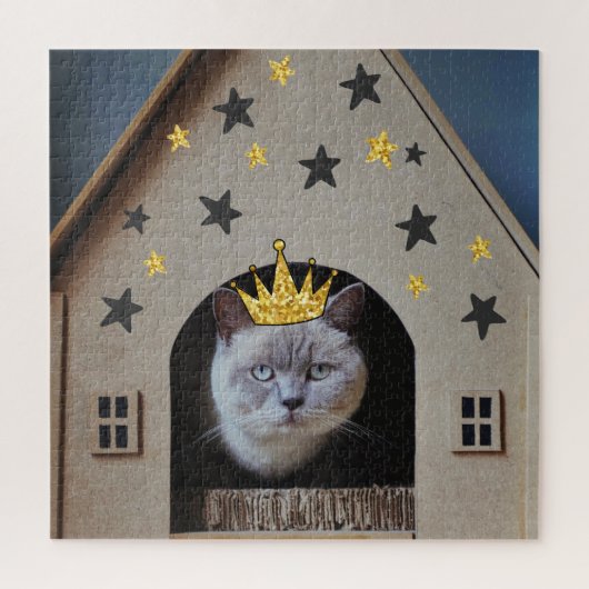 Grappige kat met gouden glittersieraden kroon legpuzzel (Verticaal)