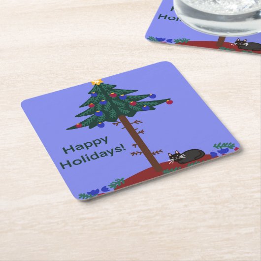 Grappige kat met kerstboom kartonnen onderzetters (Schuin)