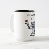 Grappige Kat met Mes Tweekleurige Koffiemok (Voorkant links)