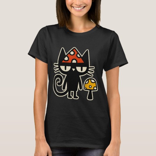 Grappige Kat Met Paddenstoelen Hoed Zwarte Kat Met T-shirt (Voorkant)