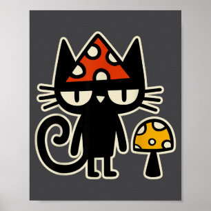 Grappige kat met paddenstoelenhoed Zwarte kat met Poster