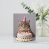 Grappige kat met verjaardagstaart briefkaart (Staand voorkant)