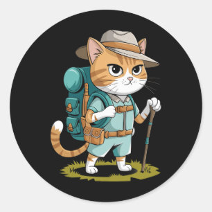 Grappige Kat Met Wandelrugzak Wandelende Kat Avont Ronde Sticker
