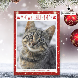 Grappige Kat MIAUW KERSTMIS Foto Rode Pootafdrukke Feestdagenkaart