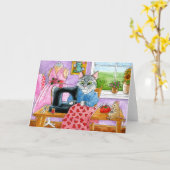 Grappige kat, muis, kleding ontwerper, naaister kaart (Gele Bloem)