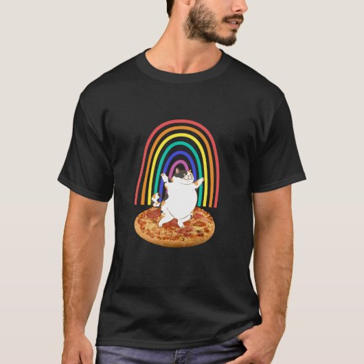 Grappige kat op pizza regenboog t-shirt (Voorkant)